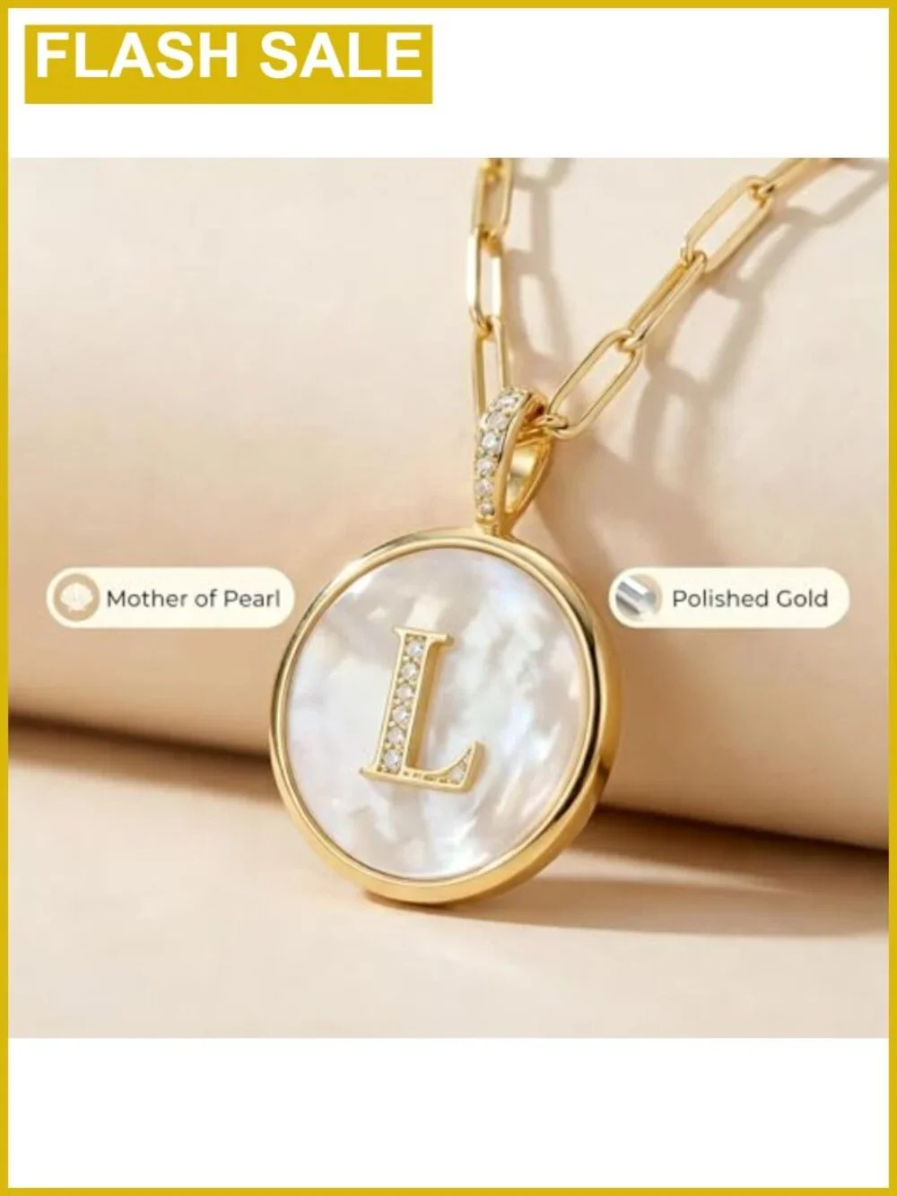 18K Gold Plated Initial Necklace Natural Crushed Mother of Pearl Medallion